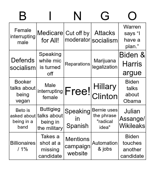 3rd Dem Debate Bingo Card