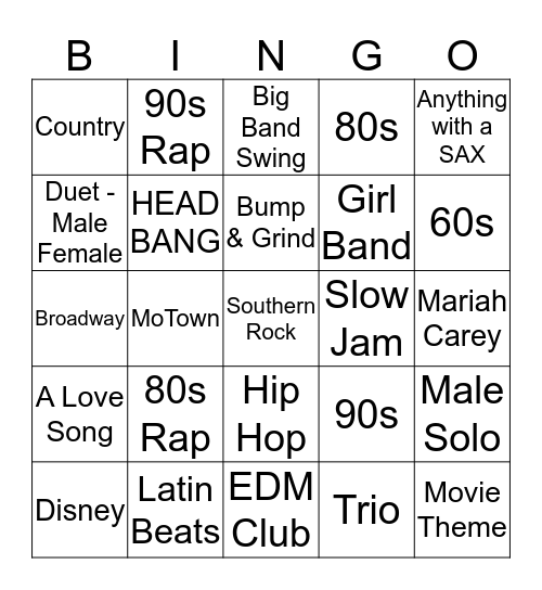 Categories and Artists Bingo Card
