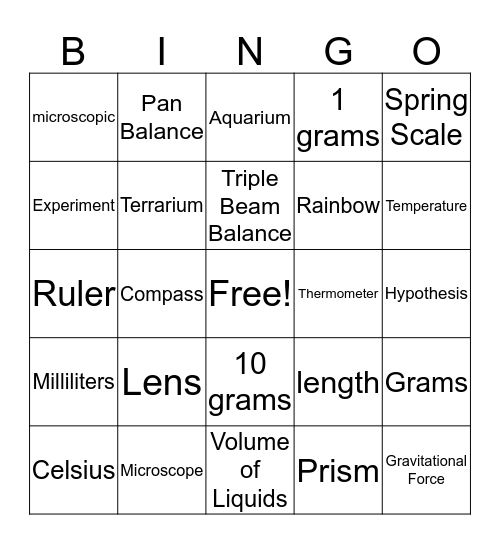 Science Tools  Bingo Card