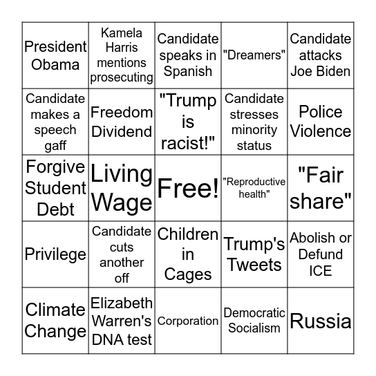 Democratic Debate Bingo Card