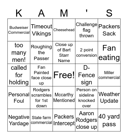 Kam's Packers Bingo Card