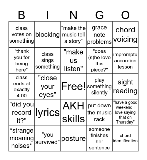 Krieger Performance Class Bingo Card