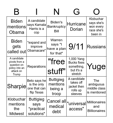 Democratic Debate Bingo, Sep 2019 Bingo Card