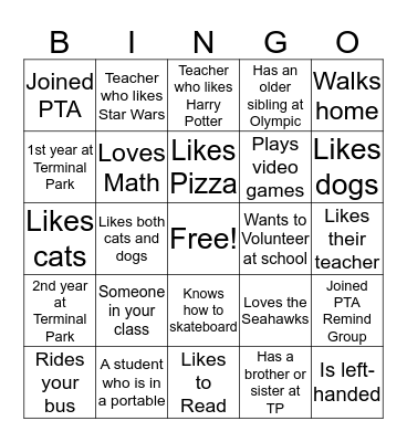 PTA Bingo Card