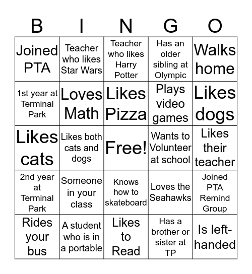 PTA Bingo Card