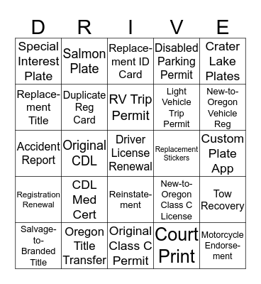 Transaction Bingo Card