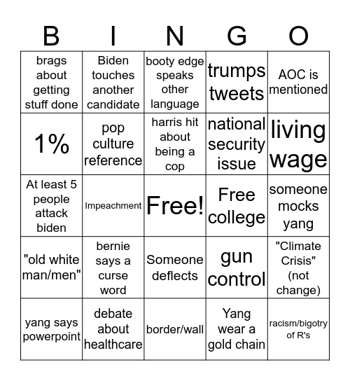 Orleans Debate Watch Party Bingo Card