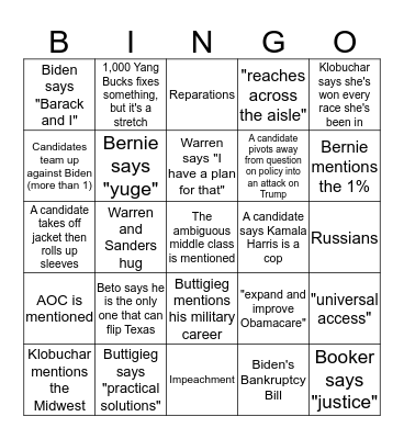 Democratic Primary Debate Bingo, September 2019 Bingo Card