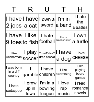 True/False? Bingo Card