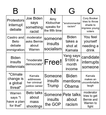 September Democratic Debate Bingo Card