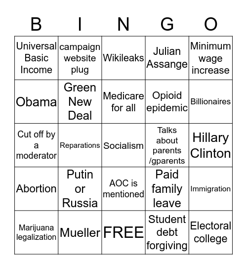 Bernie Debate Watch Party Bingo Card