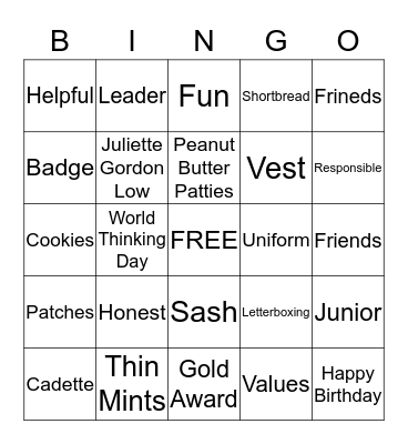 Girls Scout Birthday Bingo Card