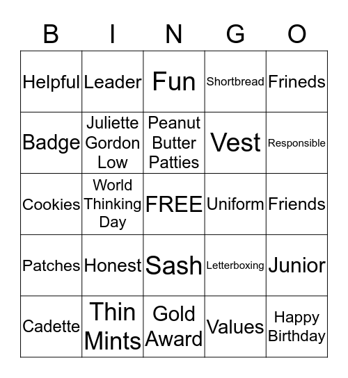 Girls Scout Birthday Bingo Card