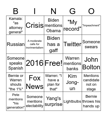 Dem Debate Bingo Card