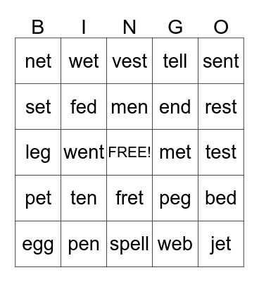 Short e Bingo Card