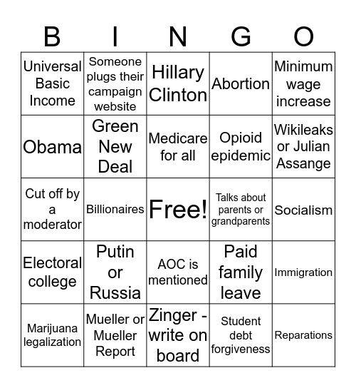 Dem Debate Bingo Card