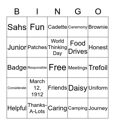 Girl Scout Birthday Bingo Card