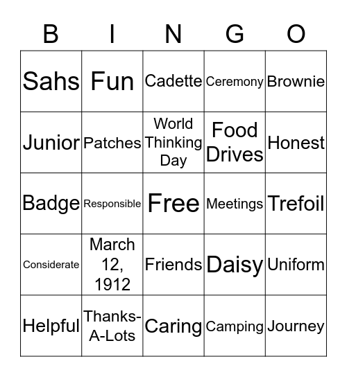 Girl Scout Birthday Bingo Card