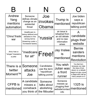 Dem Debate #3 Bingo Card