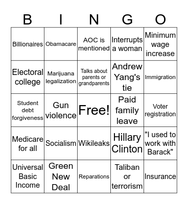 September Dem Debate Bingo Card