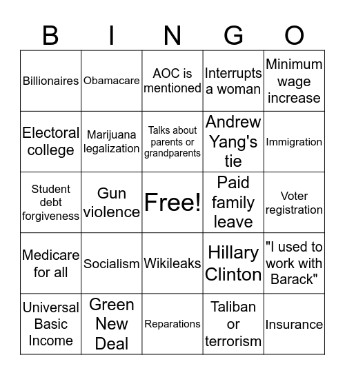 September Dem Debate Bingo Card
