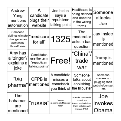 Dem Debate #3 Bingo Card