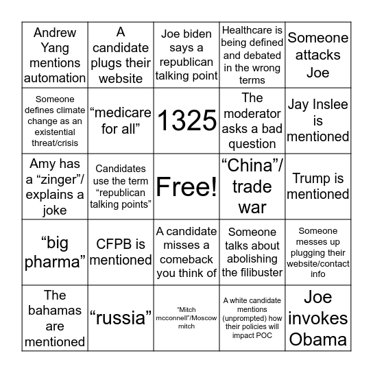 Dem Debate #3 Bingo Card