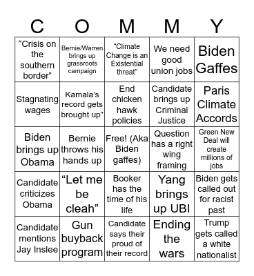 Democratic Debate Bingo Palooza Bingo Card