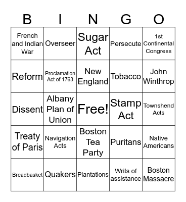 Early Colonial Rule-Causes of American Revolution Bingo Card