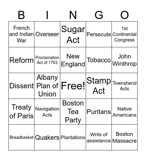 Early Colonial Rule-Causes of American Revolution Bingo Card