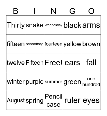 Vocabulary Bingo Card