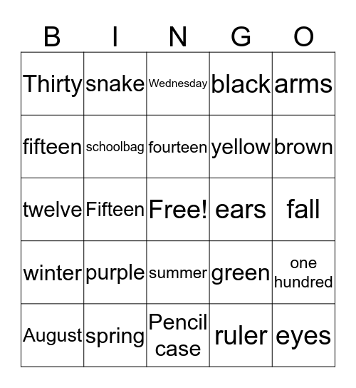 Vocabulary Bingo Card