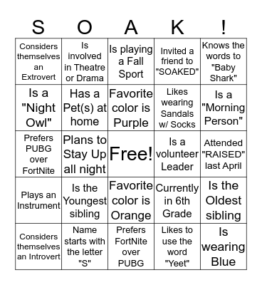 "SOAKED" Bingo! Bingo Card