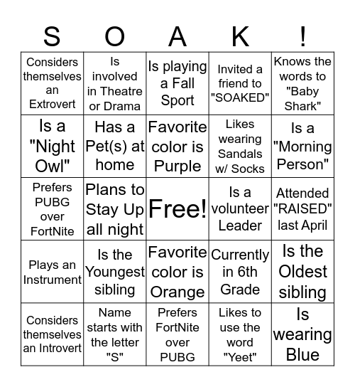 "SOAKED" Bingo! Bingo Card