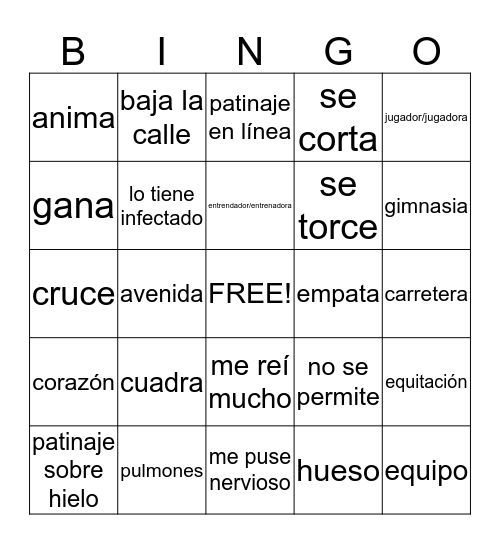 Spanish 2A Examen 2 Bingo Card