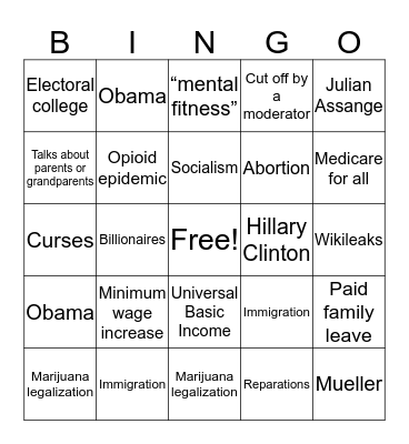 Democratic Debate Bingo Card