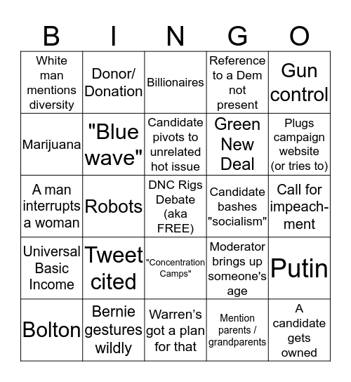 Democratic Primary Debate Bingo Card