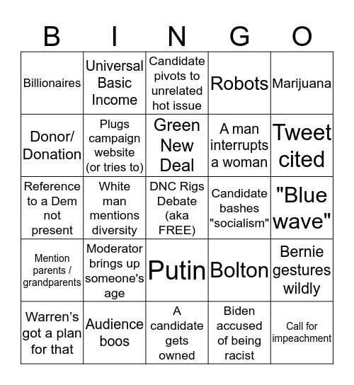 Democratic Primary Debate Bingo Card