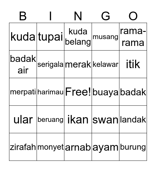 Haiwan  Bingo Card