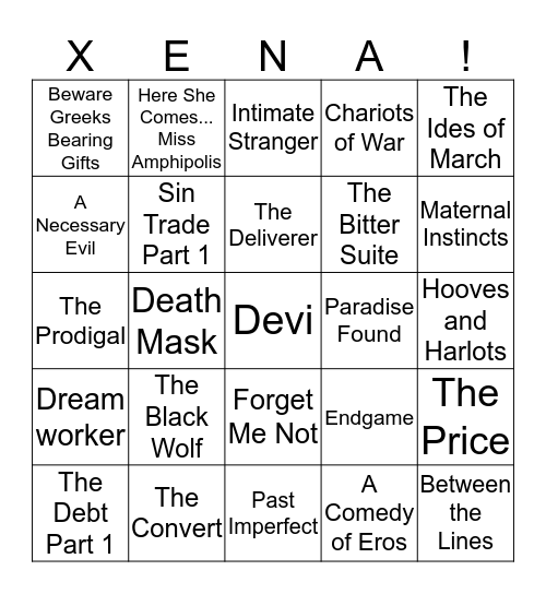 Xena Bingo Card  Bingo Card