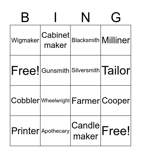 Colonial Trades Bingo Card