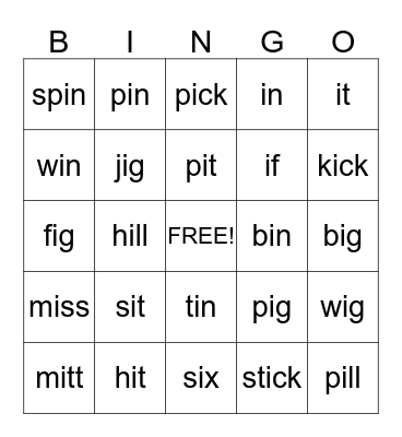 Short i Bingo Card