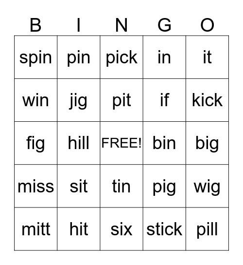 Short i Bingo Card