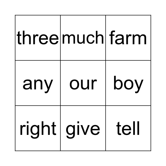 Word Bingo Card