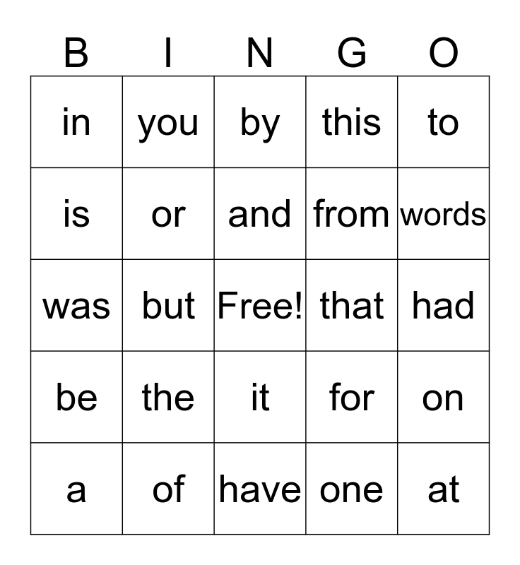 High Frequency Words Bingo Card