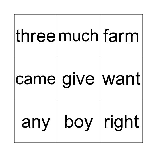 Word Bingo Card
