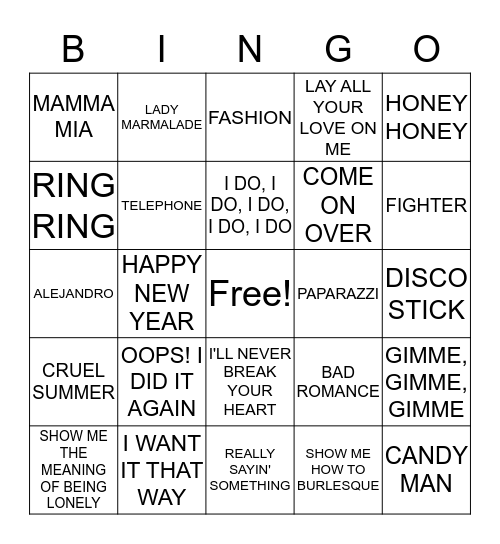ABBA/GAGA/BANANARAMA/ETC. Bingo Card