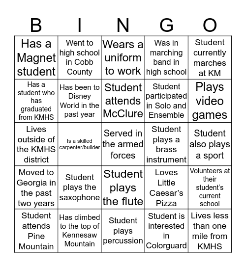 KM Marching Band BINGO Card