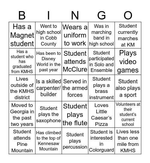 KM Marching Band BINGO Card