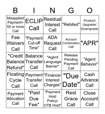 Subtopic Complaint Tracker / Common Call Types  Bingo Card